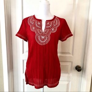Cato red blouse with embroidered neckline